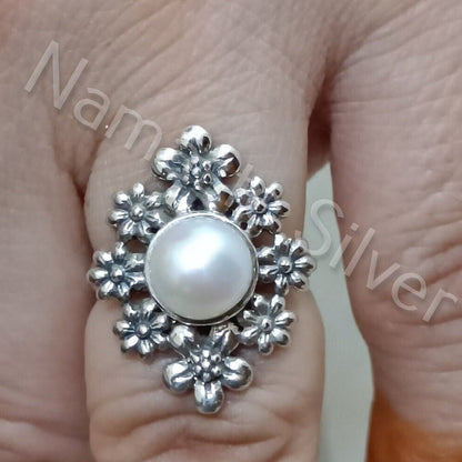Pearl Ring, 925 Sterling Silver Ring Statement Promise Ring, Freshwater Pearl Floral Handmade Jewelry, June Birthstone, Unique Gift for Her