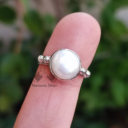 Pearl Ring, 925 Sterling Silver Statement Promise Ring for Women, Freshwater Pearl Boho Handmade Jewelry, June Birthstone, Gift for her