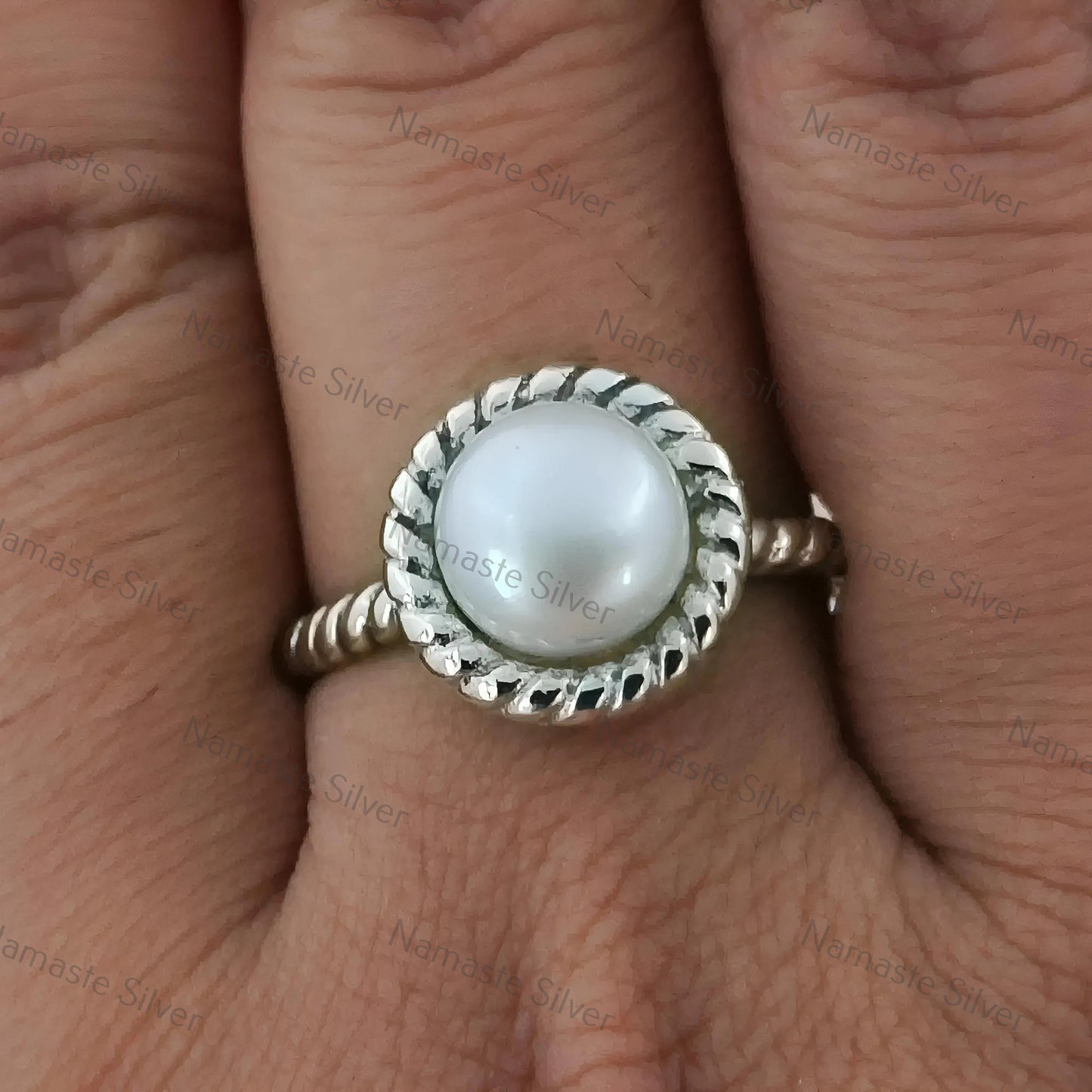 Pearl Ring, 925 Sterling Silver Statement Promise Ring, Round Freshwater Pearl Handmade Boho Jewelry, June Birthstone, Dainty Gift for her