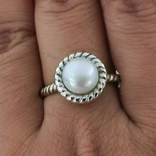 Pearl Ring, 925 Sterling Silver Statement Promise Ring, Round Freshwater Pearl Handmade Boho Jewelry, June Birthstone, Dainty Gift for her