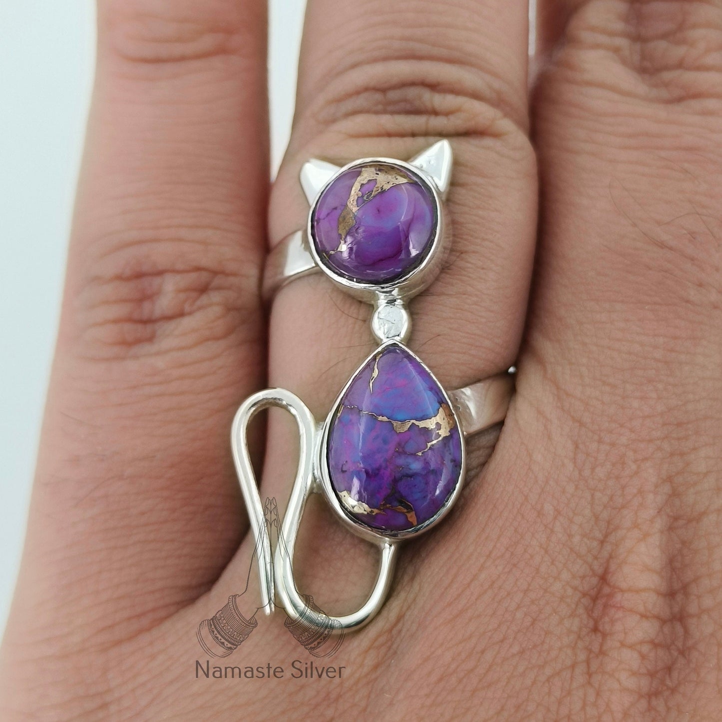 Purple Turquoise Cat Ring, 925 Sterling Silver Handmade Promise Ring, Purple Copper Turquoise Cat Jewelry, Birthstone Gift for Cat Lovers