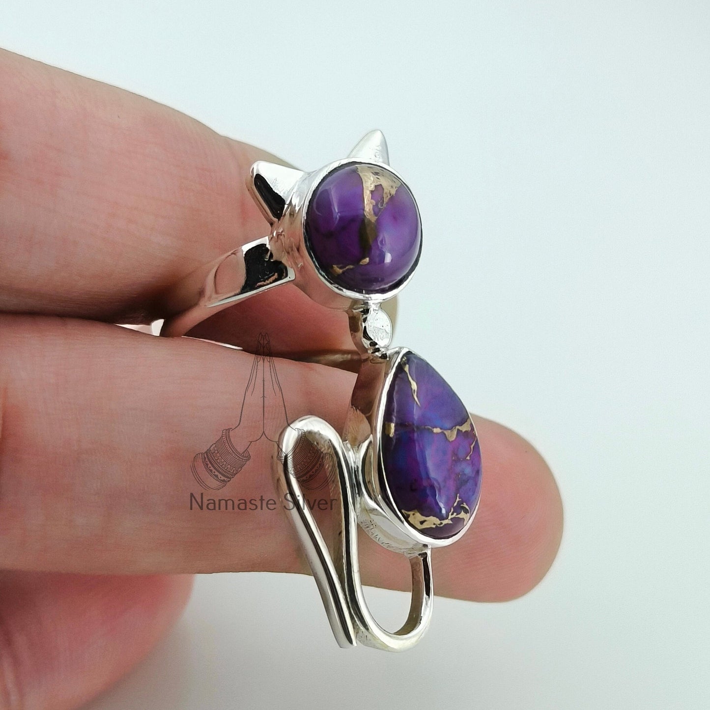 Purple Turquoise Cat Ring, 925 Sterling Silver Handmade Promise Ring, Purple Copper Turquoise Cat Jewelry, Birthstone Gift for Cat Lovers