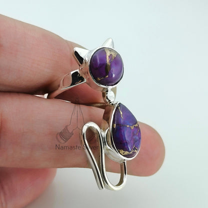 Purple Turquoise Cat Ring, 925 Sterling Silver Handmade Promise Ring, Purple Copper Turquoise Cat Jewelry, Birthstone Gift for Cat Lovers