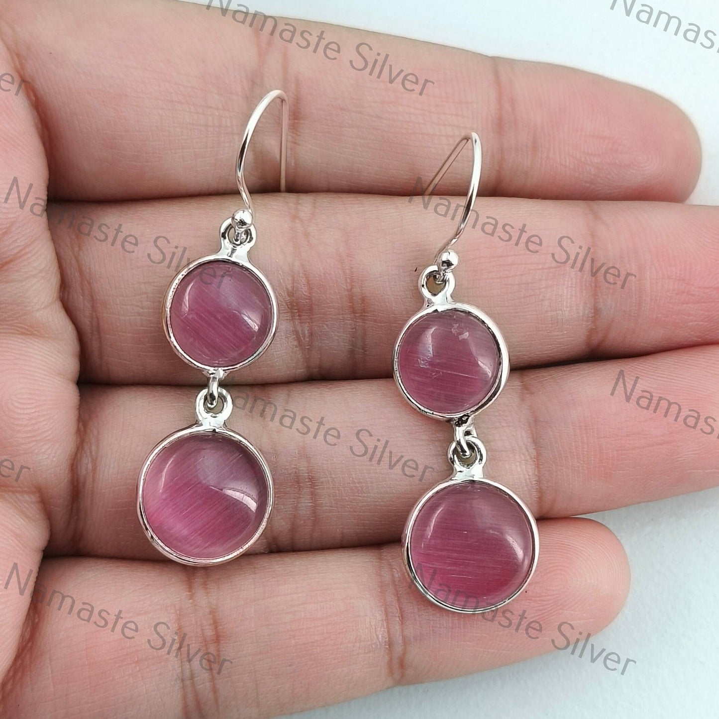 Monalisa Earrings, 925 Sterling Silver Dangle Drop Earrings, Pink Monalisa Round Gemstone Handmade Boho Jewelry, Gift for Her Birthday