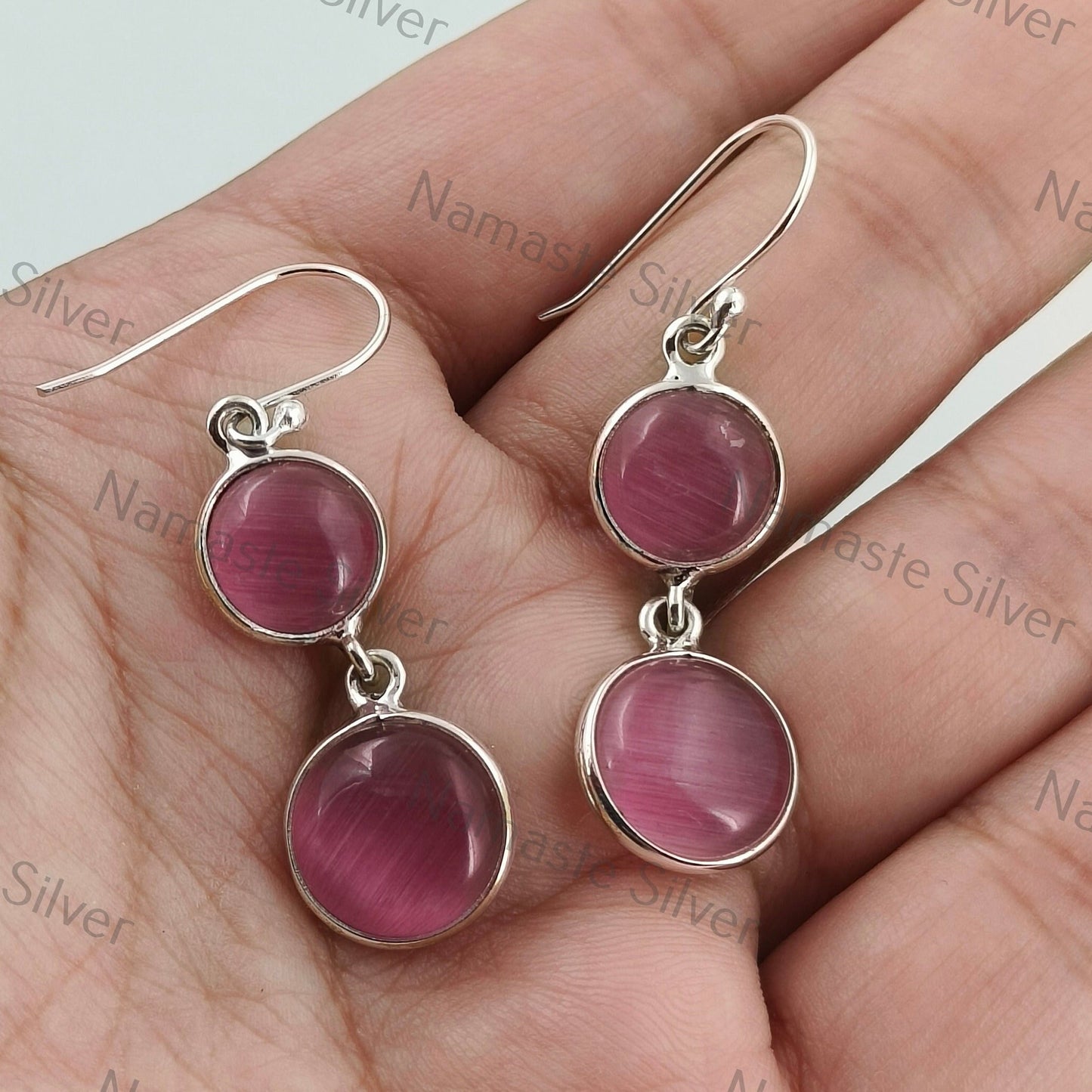 Monalisa Earrings, 925 Sterling Silver Dangle Drop Earrings, Pink Monalisa Round Gemstone Handmade Boho Jewelry, Gift for Her Birthday