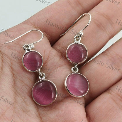 Monalisa Earrings, 925 Sterling Silver Dangle Drop Earrings, Pink Monalisa Round Gemstone Handmade Boho Jewelry, Gift for Her Birthday