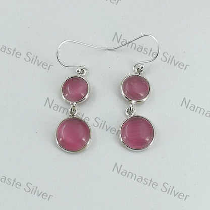 Monalisa Earrings, 925 Sterling Silver Dangle Drop Earrings, Pink Monalisa Round Gemstone Handmade Boho Jewelry, Gift for Her Birthday
