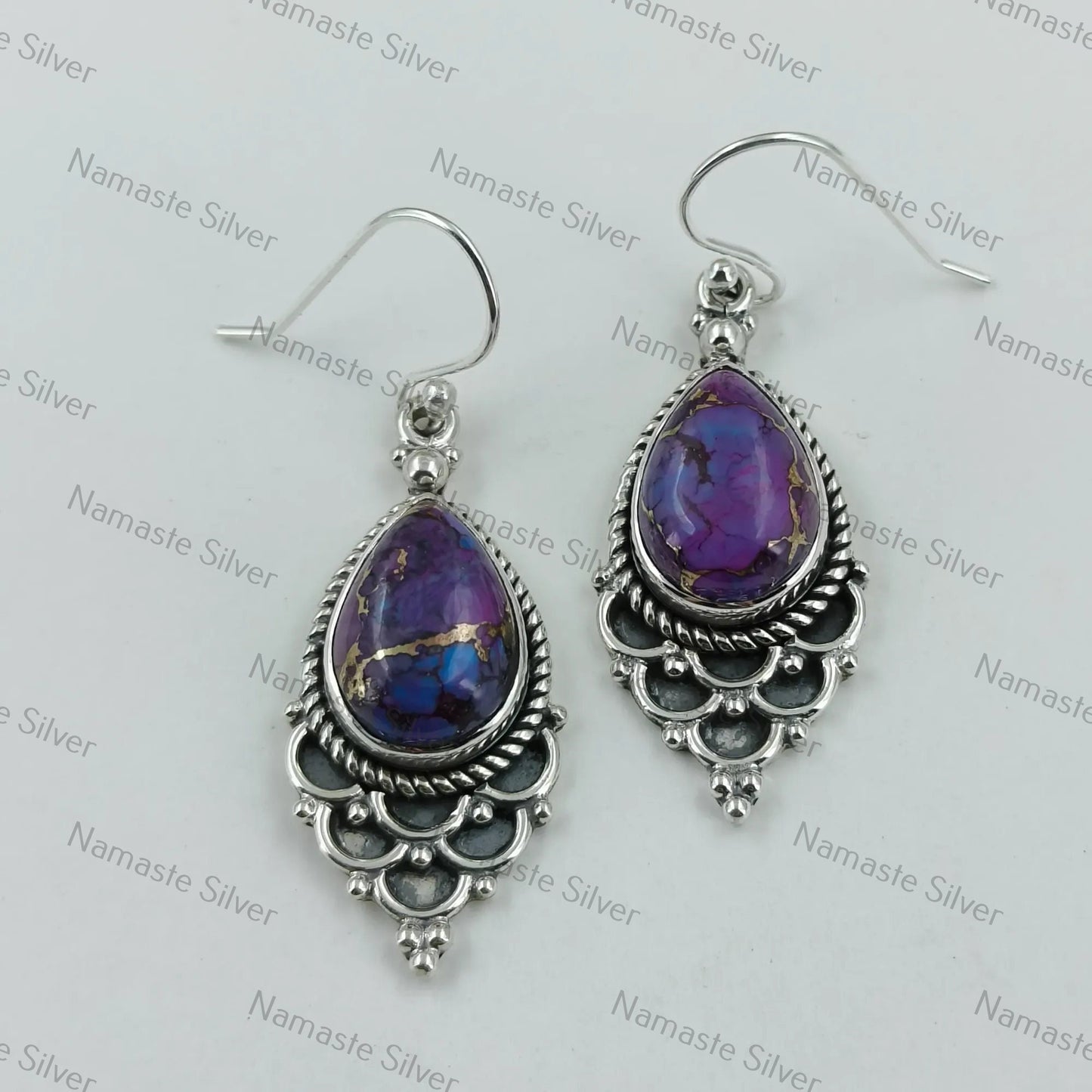 Purple Turquoise Earrings, 925 Sterling Silver Dangle Drop Earrings, Handmade Purple Copper Pear-Shaped Turquoise Gemstone Boho Jewelry Gift