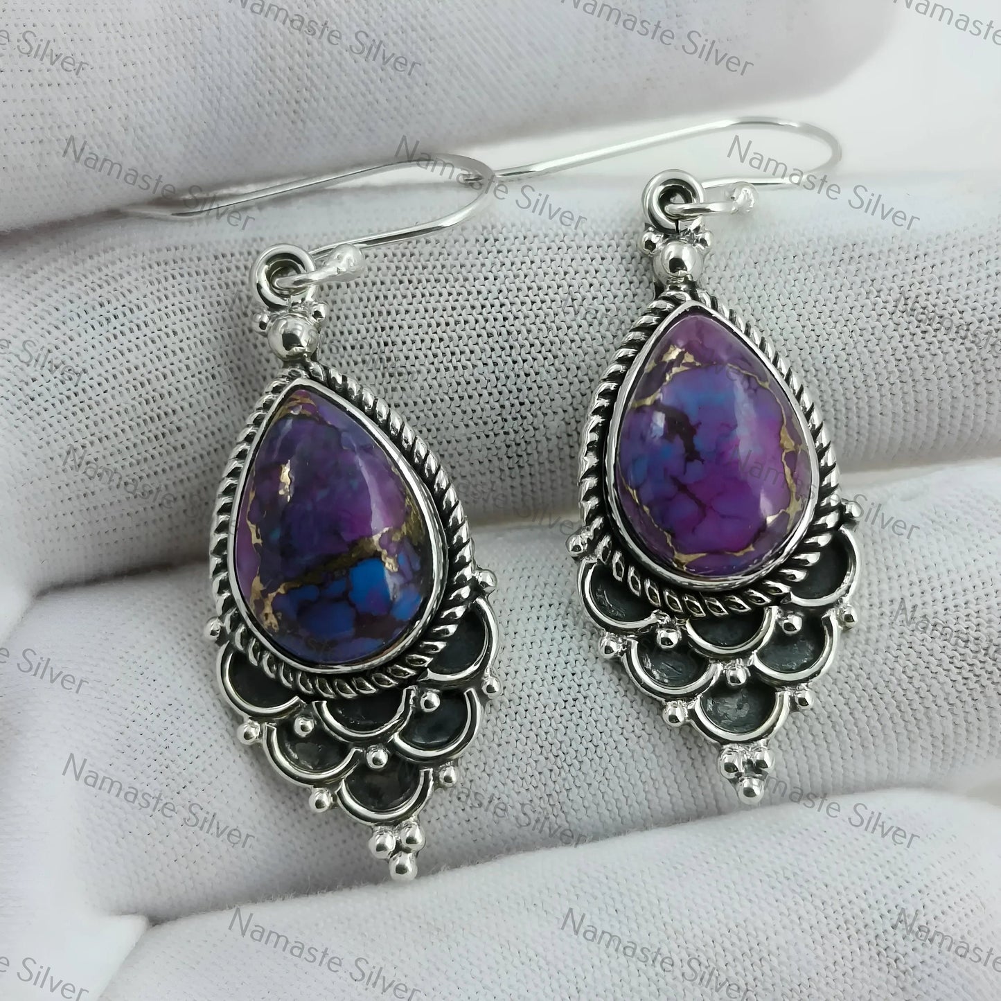 Purple Turquoise Earrings, 925 Sterling Silver Dangle Drop Earrings, Handmade Purple Copper Pear-Shaped Turquoise Gemstone Boho Jewelry Gift