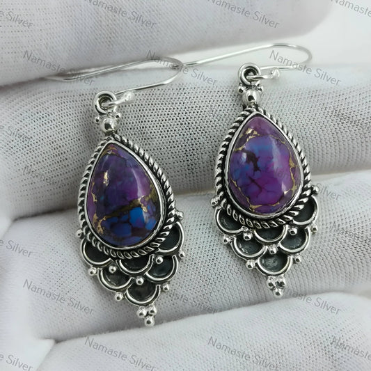 Purple Turquoise Earrings, 925 Sterling Silver Dangle Drop Earrings, Handmade Purple Copper Pear-Shaped Turquoise Gemstone Boho Jewelry Gift