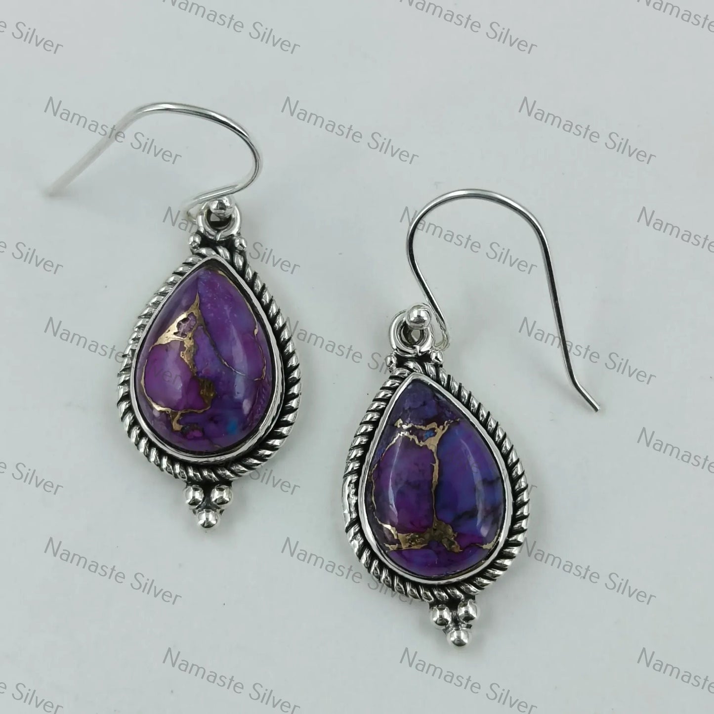 Purple Copper Turquoise Earrings, 925 Sterling Silver Dangle Earrings, Handmade Teardrop Jewelry, December Birthstone Gift for Her Birthday