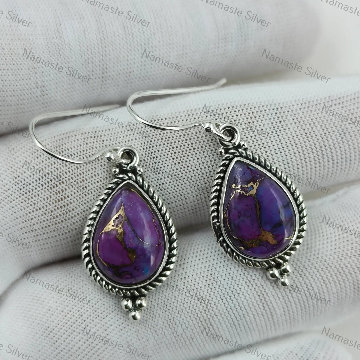 Purple Copper Turquoise Earrings, 925 Sterling Silver Dangle Earrings, Handmade Teardrop Jewelry, December Birthstone Gift for Her Birthday