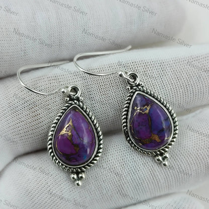 Purple Copper Turquoise Earrings, 925 Sterling Silver Dangle Earrings, Handmade Teardrop Jewelry, December Birthstone Gift for Her Birthday