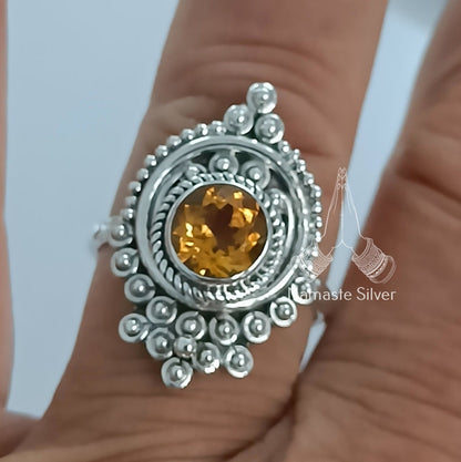 Citrine Ring, 925 Sterling Silver Promise Ring, Natural Yellow Citrine Round Gemstone Handmade Jewelry, November Birthstone, Gift For Her