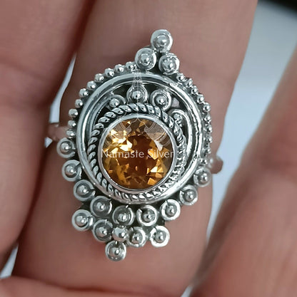 Citrine Ring, 925 Sterling Silver Promise Ring, Natural Yellow Citrine Round Gemstone Handmade Jewelry, November Birthstone, Gift For Her