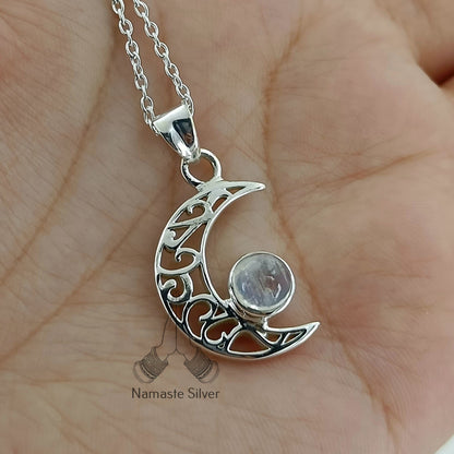 Moonstone Necklace, 925 Sterling Silver Crescent Moon Pendant, Natural Rainbow Moonstone Round Gemstone Handmade Boho Jewelry, Gift for Her