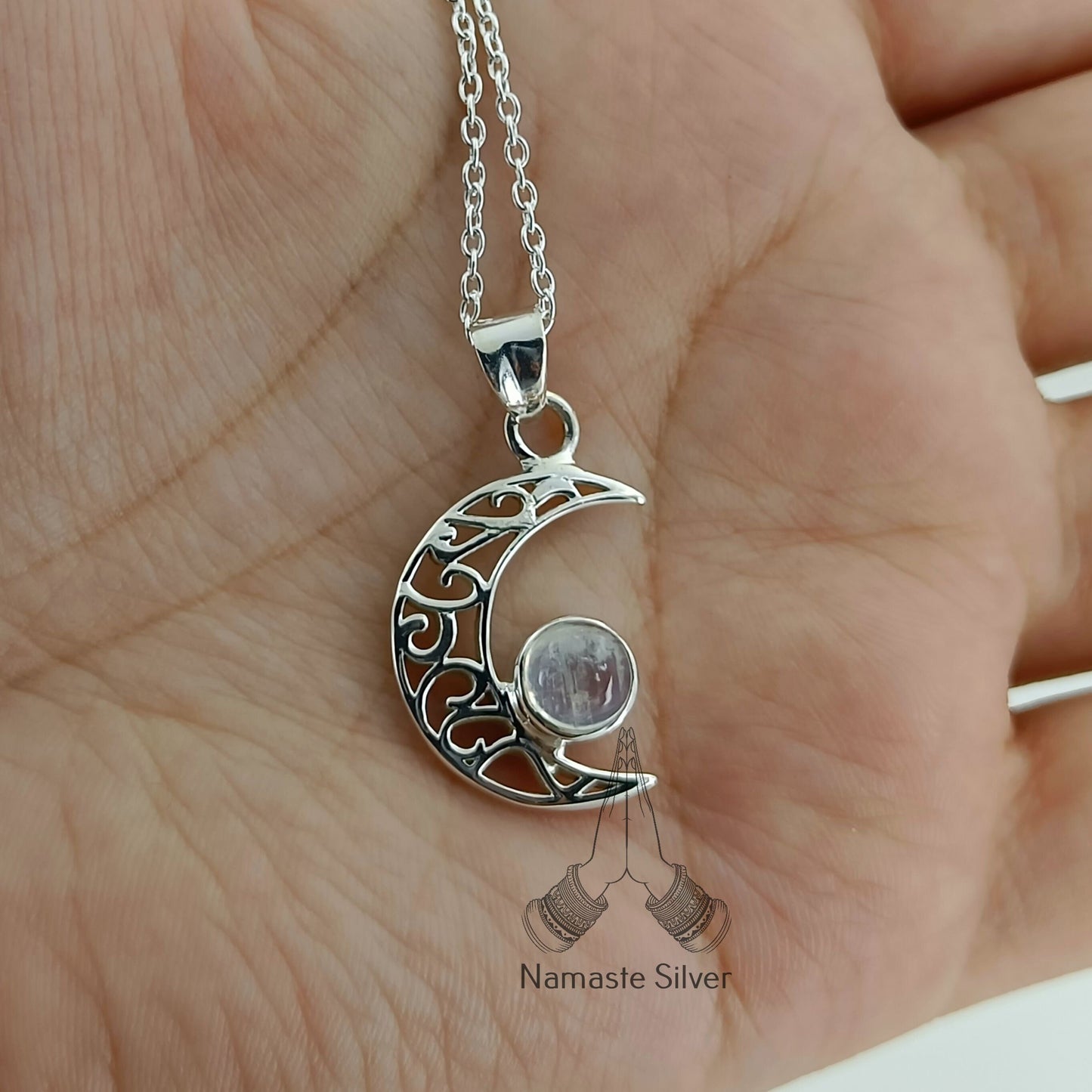 Moonstone Necklace, 925 Sterling Silver Crescent Moon Pendant, Natural Rainbow Moonstone Round Gemstone Handmade Boho Jewelry, Gift for Her