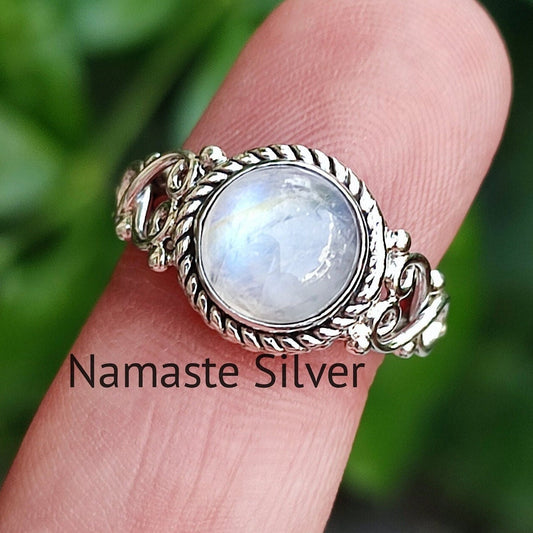 Moonstone Ring, 925 Sterling Silver Statement Promise Ring, Natural Rainbow Moonstone Round Handmade Jewelry, June Birthstone, Gift for her