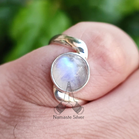 Rainbow Moonstone Ring, 925 Sterling Silver Handmade Statement Ring, Natural Moonstone Round Gemstone Jewelry, June Birthstone Gift for her