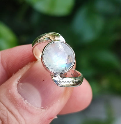 Rainbow Moonstone Ring, 925 Sterling Silver Handmade Statement Ring, Natural Moonstone Round Gemstone Jewelry, June Birthstone Gift for her