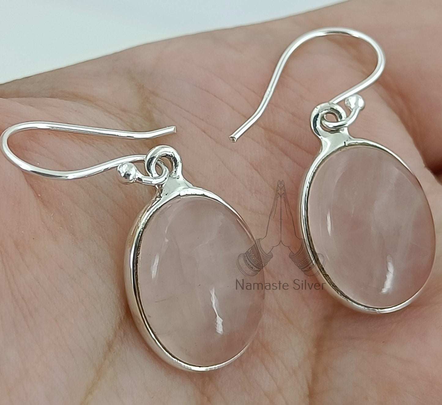 Rose Quartz  Earrings, 925 Sterling Silver Dangle Earrings,  Natural Pink Gemstone Oval Handmade Jewelry, January Birthstone, Gift for her