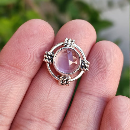 Rose Quartz Ring, 925 Sterling Silver Handmade Promise Ring, Natural Pink Crystal Round Gemstone Jewelry, January Birthstone, Gift for Her
