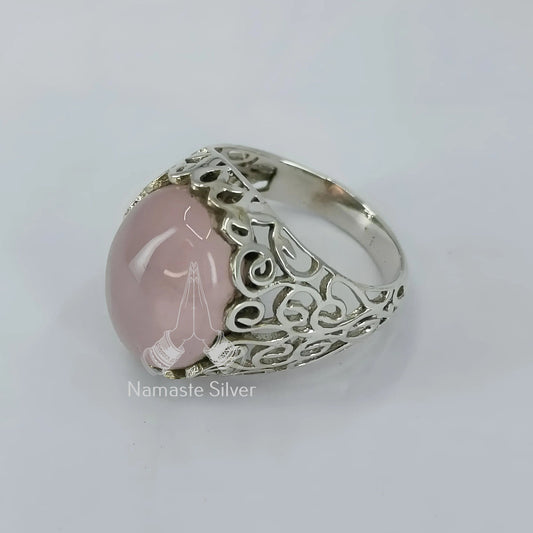 Rose Quartz Ring, 925 Sterling Silver Promise Ring, Natural Pink Crystal Gemstone Oval Handmade Jewelry, January Birthstone, Gift for her