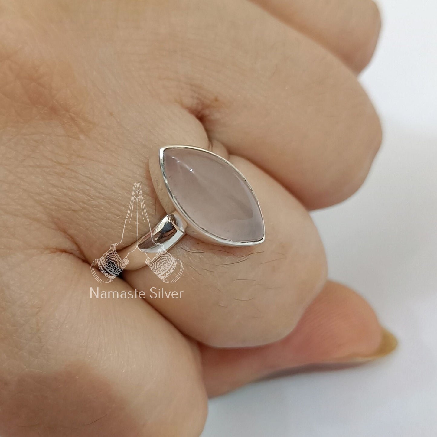 Rose Quartz Ring, 925 Sterling Silver Statement Promise Ring, Handmade Natural Pink Gemstone Marquise Boho Jewelry, Birthstone Gift for Her