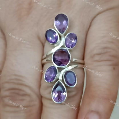 Amethyst Ring, 925 Sterling Silver Handmade Statement Promise Ring, Natural Amethyst Gemstone Boho Jewelry, February Birthstone Gift for Her