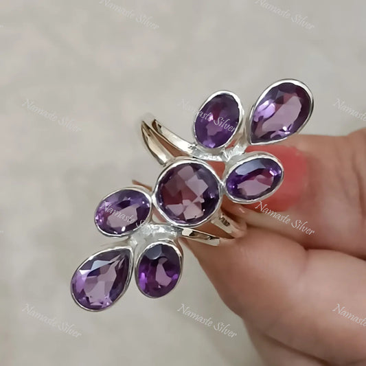 Amethyst Ring, 925 Sterling Silver Handmade Statement Promise Ring, Natural Amethyst Gemstone Boho Jewelry, February Birthstone Gift for Her