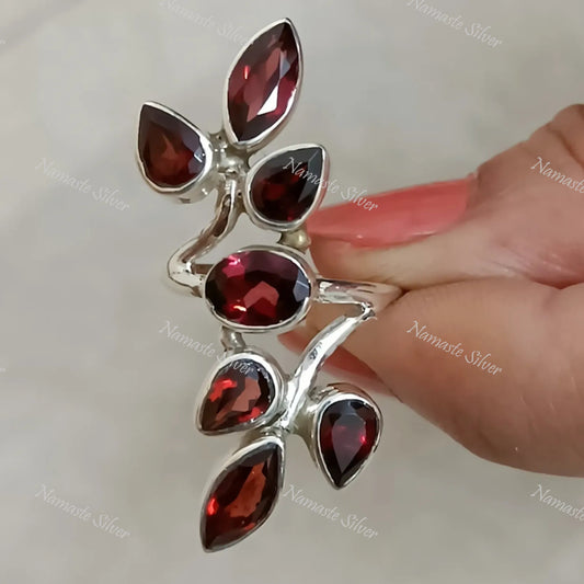 Garnet Ring, 925 Sterling Silver Statement Promise Ring, Natural Garnet Multi Gemstone Handmade Jewelry, January Birthstone, Gift for Her