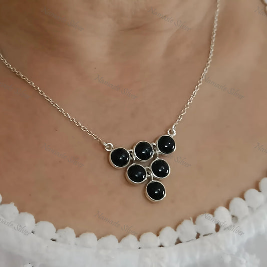 Black Onyx Necklace, 925 Sterling Silver Pendant, Natural Onyx Round Gemstone Handmade Boho Jewelry, July Birthstone. Elegant Gift for Her