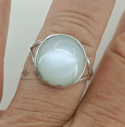 Moonstone Ring, 925 Sterling Silver Statement Promise Ring, Natural Moonstone Round Gemstone Boho Jewelry, June Birthstone, Gift for her