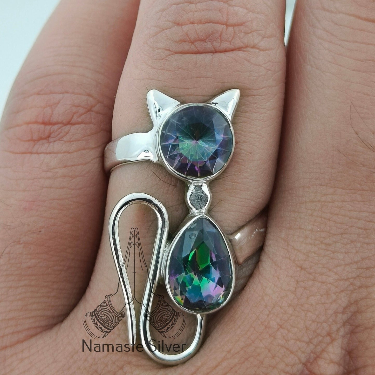 Aurora Mystic Topaz Ring, 925 Sterling Silver Promise Ring, Mystique Topaz Dual Gemstone Handmade Cat Jewelry, November Birthstone Gift