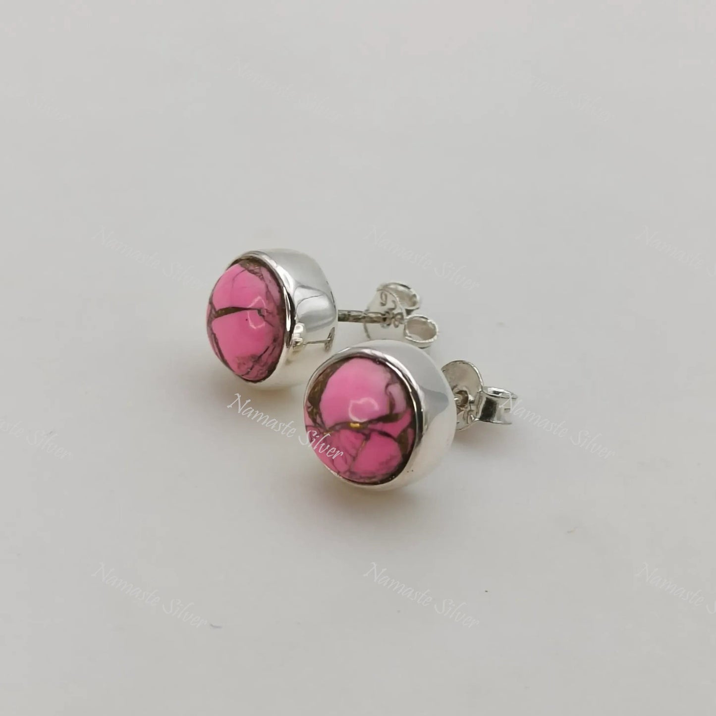 Pink Turquoise Stud Earrings, 925 Sterling Silver Stud Posts, Pink Copper Turquoise Round Gemstone Handmade Jewelry, Minimalist Gift For Her