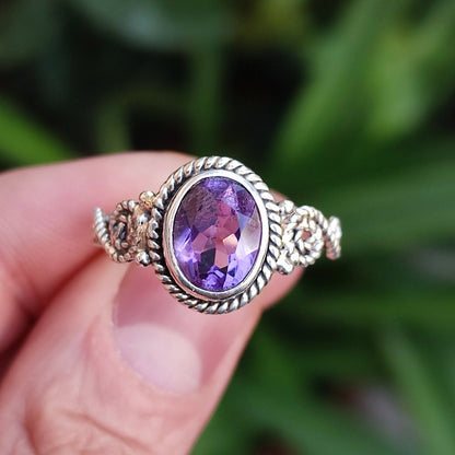 Amethyst Ring, 925 Sterling Silver Promise Ring, Natural Purple Amethyst Oval Gemstone Handmade Jewelry, February Birthstone, Gift for her