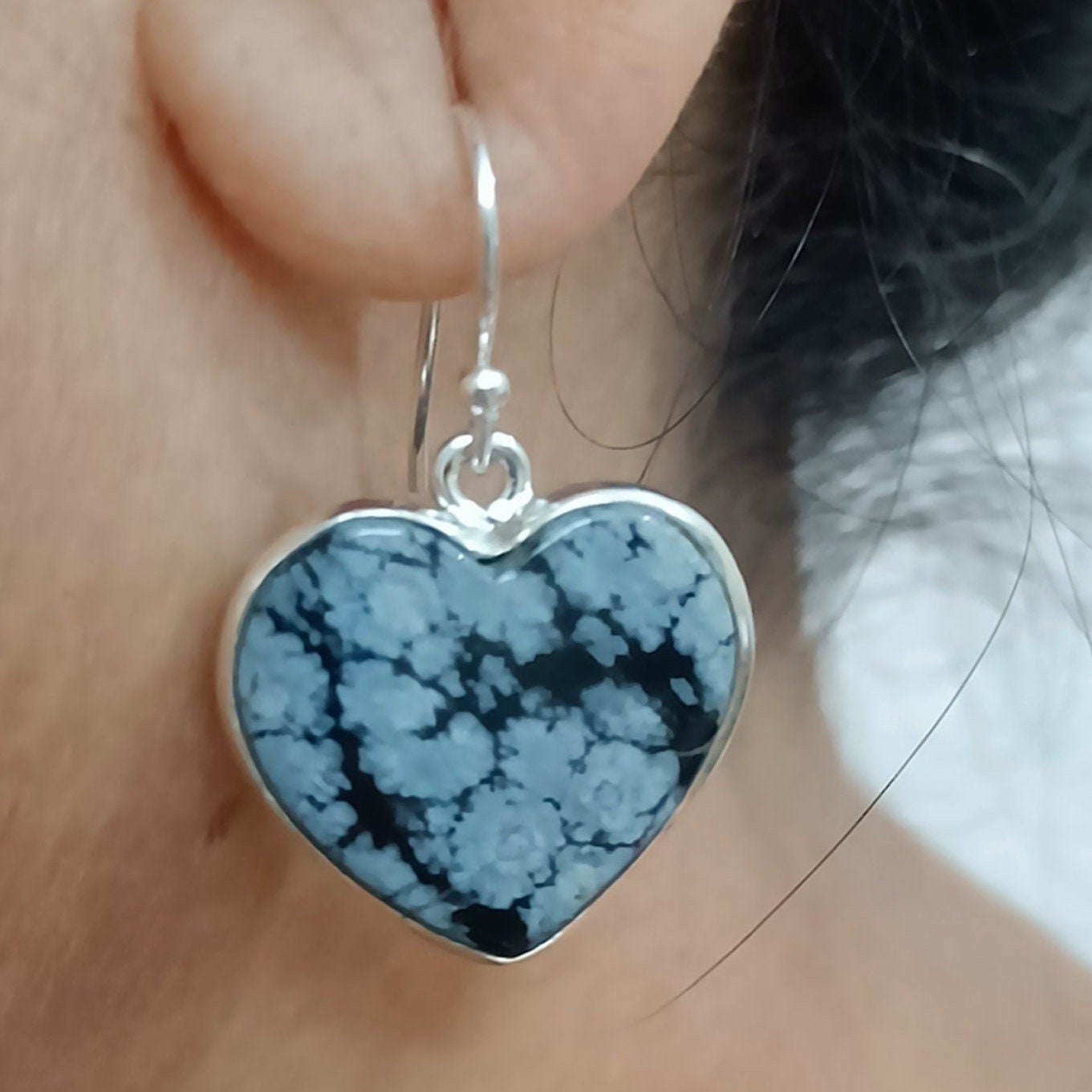 Snowflake Obsidian Earrings, 925 Sterling Silver Dangle Earrings, Natural Obsidian Gemstone Heart Shape Handmade Boho Jewelry, Gift For Her
