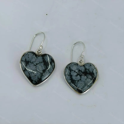 Snowflake Obsidian Earrings, 925 Sterling Silver Dangle Earrings, Natural Obsidian Gemstone Heart Shape Handmade Boho Jewelry, Gift For Her