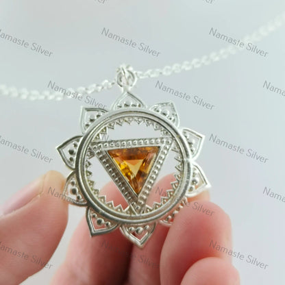 Solar Plexus Chakra Necklace, 925 Sterling Silver Handmade Manipura Chakra Pendant, Natural Citrine Gemstone Jewelry, Healing Gift for Her