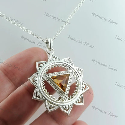 Solar Plexus Chakra Necklace, 925 Sterling Silver Handmade Manipura Chakra Pendant, Natural Citrine Gemstone Jewelry, Healing Gift for Her