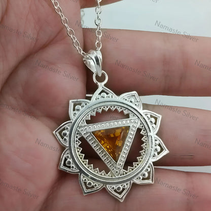 Solar Plexus Chakra Necklace, 925 Sterling Silver Handmade Manipura Chakra Pendant, Natural Citrine Gemstone Jewelry, Healing Gift for Her