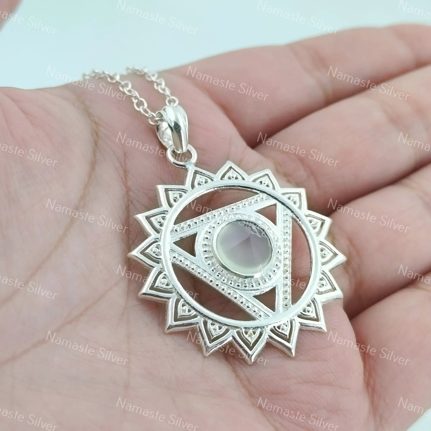 Throat Chakra Necklace, 925 Sterling Silver Handmade Vishuddha Chakra Pendant, Natural Chalcedony Gemstone Jewelry, Healing Gift for Her