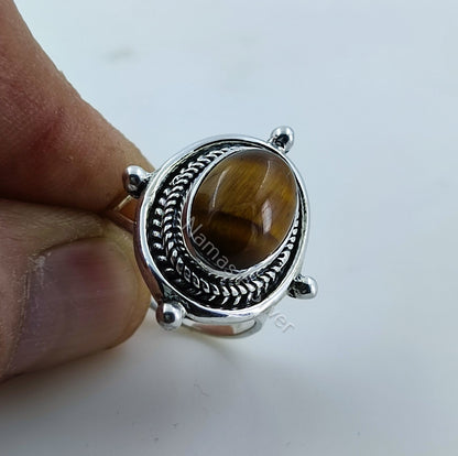 Tigers Eye Ring, 925 Sterling Silver Statement Promise Ring, Natural Tiger's Eye Oval Handmade Boho Jewelry, June Birthstone, Gift for Her