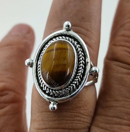 Tigers Eye Ring, 925 Sterling Silver Statement Promise Ring, Natural Tiger's Eye Oval Handmade Boho Jewelry, June Birthstone, Gift for Her