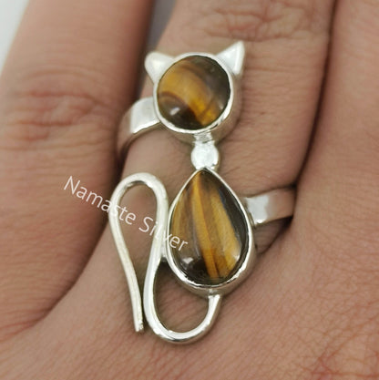 Tigers Eye Ring, 925 Sterling Silver Cat Ring, Natural Tiger's Eye Dual Gemstone Handmade Boho Kitty Jewelry, June Birthstone, Gift for her