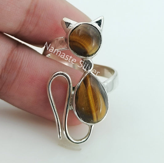 Tigers Eye Ring, 925 Sterling Silver Cat Ring, Natural Tiger's Eye Dual Gemstone Handmade Boho Kitty Jewelry, June Birthstone, Gift for her