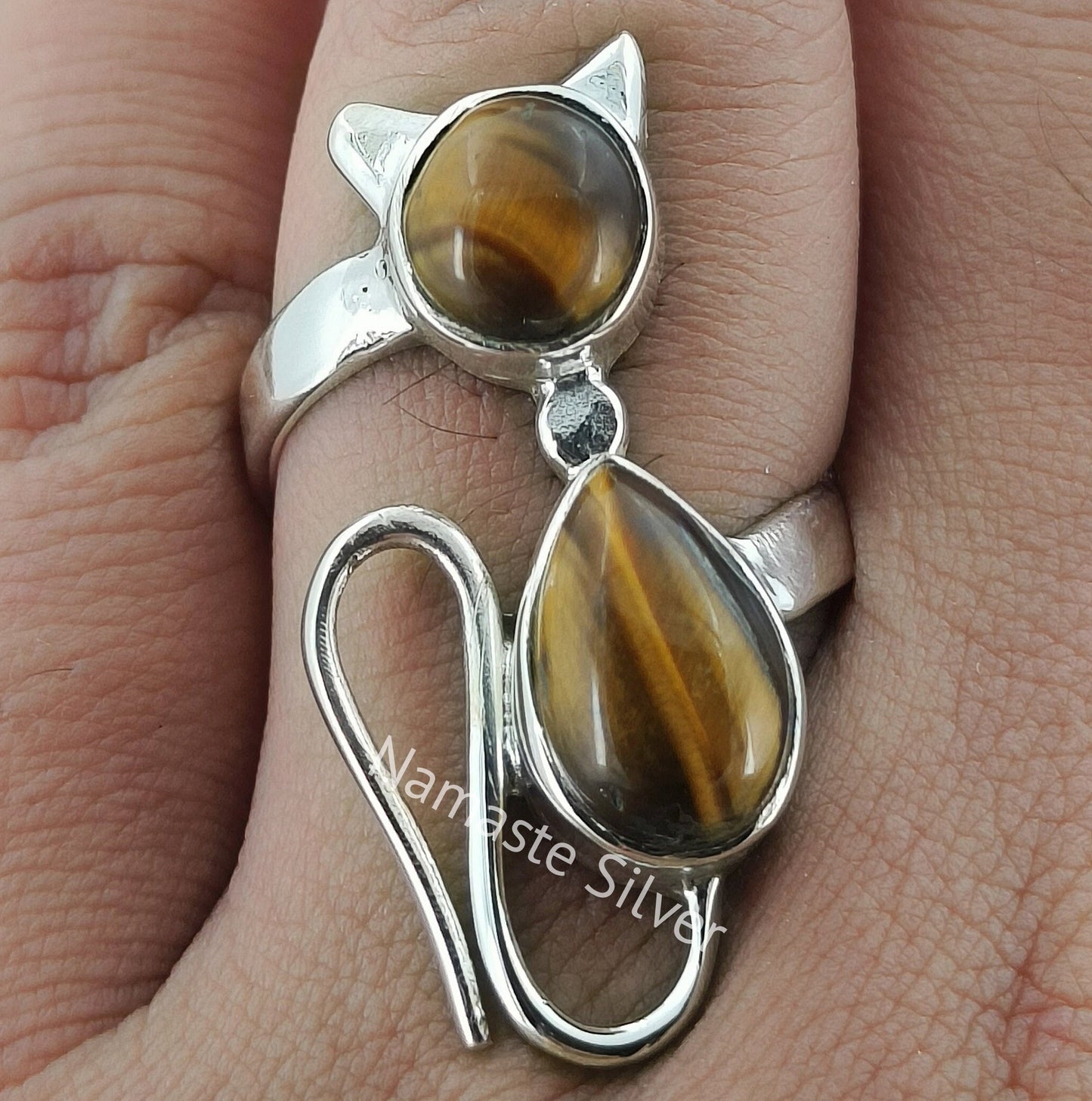Tigers Eye Ring, 925 Sterling Silver Cat Ring, Natural Tiger's Eye Dual Gemstone Handmade Boho Kitty Jewelry, June Birthstone, Gift for her