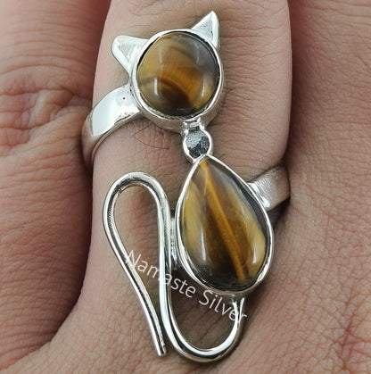 Tigers Eye Ring, 925 Sterling Silver Cat Ring, Natural Tiger's Eye Dual Gemstone Handmade Boho Kitty Jewelry, June Birthstone, Gift for her