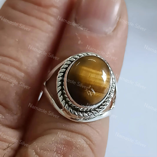 Tigers Eye Ring, 925 Sterling Silver Statement Promise Ring, Natural Tiger's Eye Oval Handmade Boho Jewelry, Unique Birthstone Gift for her