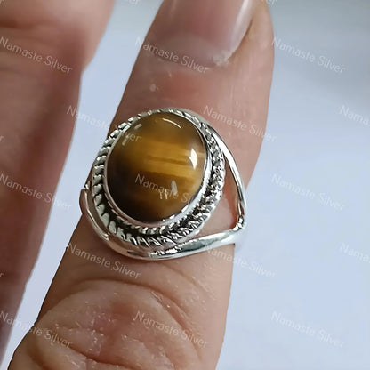 Tigers Eye Ring, 925 Sterling Silver Statement Promise Ring, Natural Tiger's Eye Oval Handmade Boho Jewelry, Unique Birthstone Gift for her